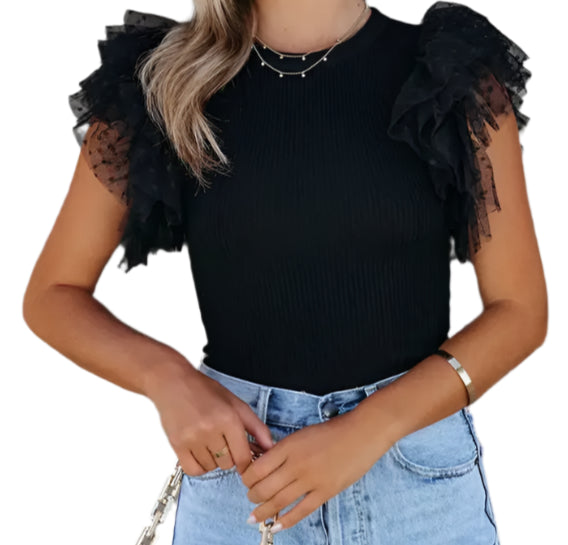 Black Ruffle Sleeve Top